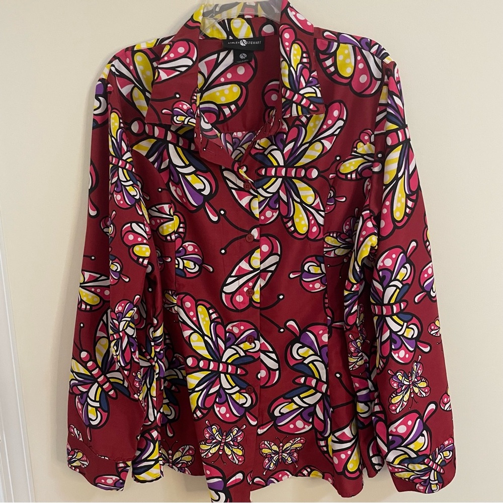 Ashley Stewart Red Burgundy Butterfly-Print Button Down Shirt Women’s Size 18